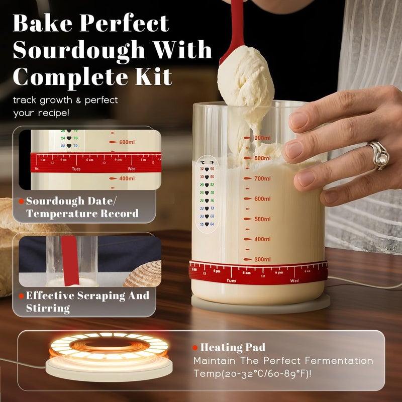 Solisifime Pro Sourdough Starter 10-In-1 Kit – 34 Oz Glass Jar With Lid, Cloth Cover, Date Band, Brush, Temp Strip, Silicone Spatula, Heating Mat – Sourdough Bread Baking Supplies, Glass Container, Red - Image 2